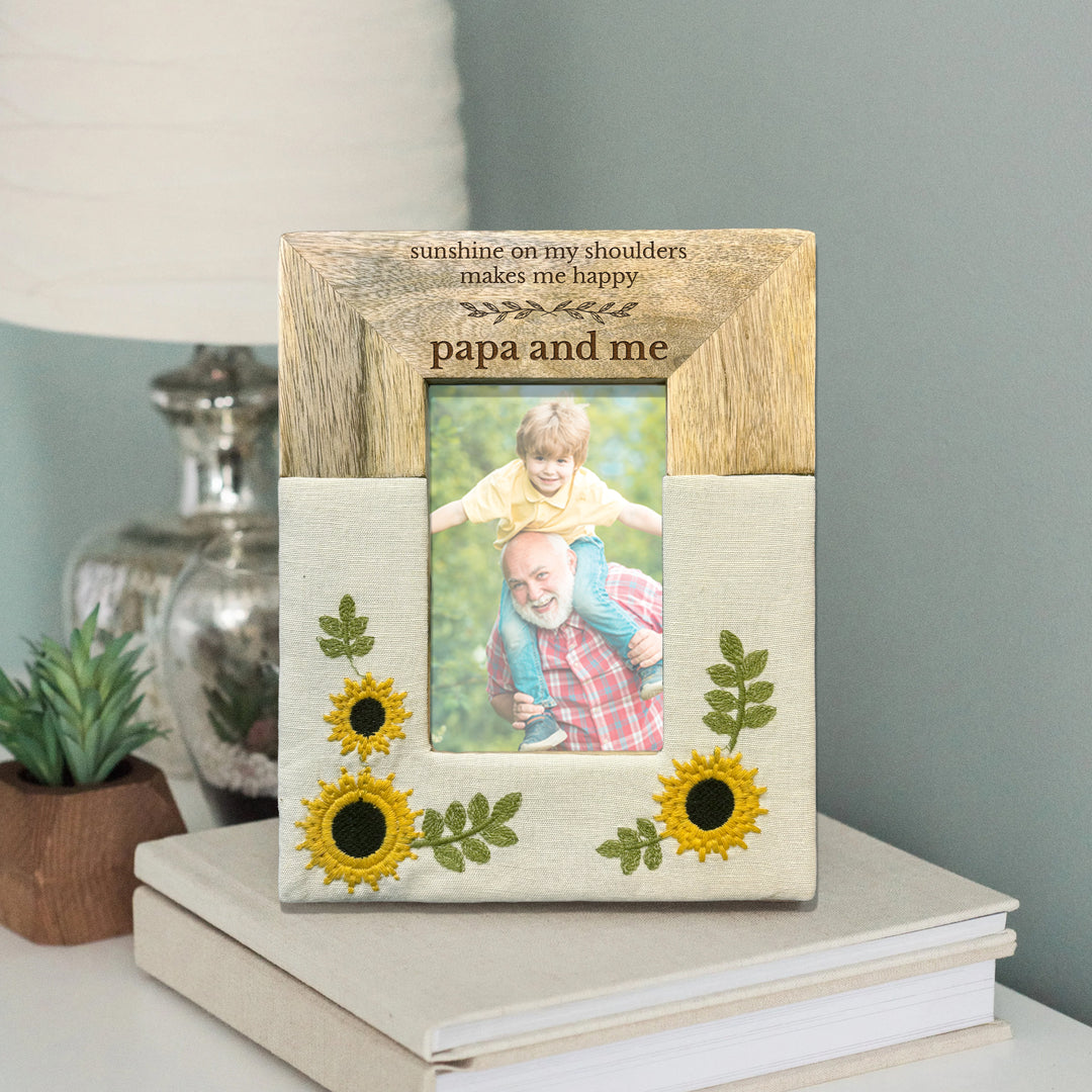 Personalized Engraved Mango Wood &amp; Embroidered Linen 4x6 Photo Frame - FFRD12063