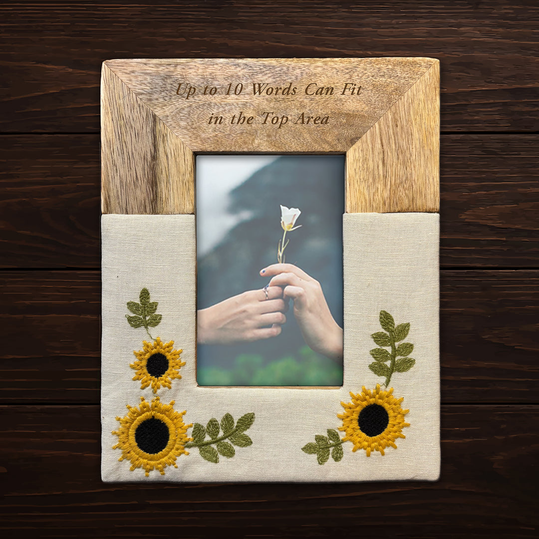 Personalized Engraved Mango Wood &amp; Embroidered Linen 4x6 Photo Frame - FFRD12063