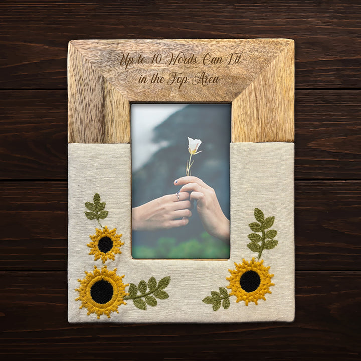 Personalized Engraved Mango Wood &amp; Embroidered Linen 4x6 Photo Frame - FFRD12063