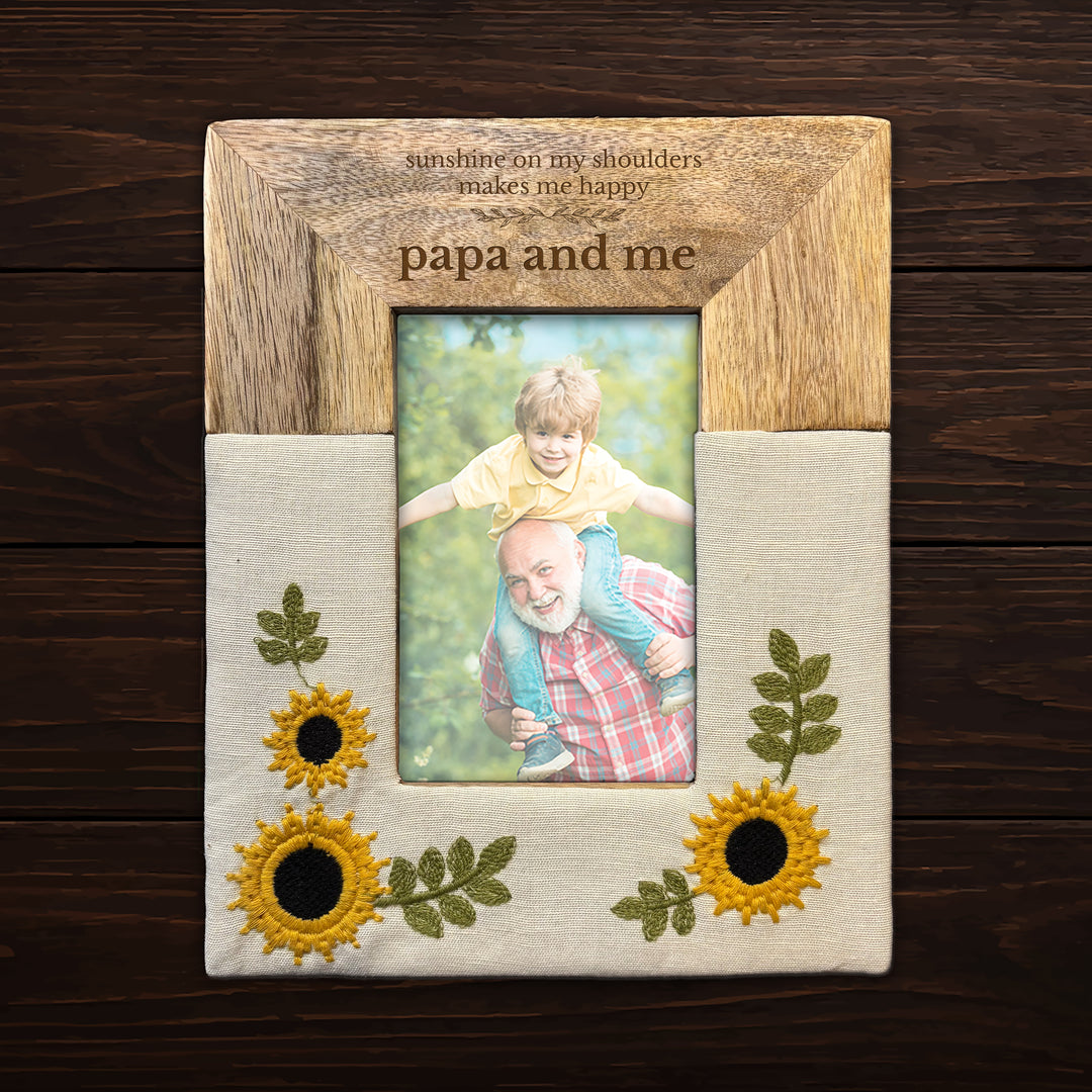 Personalized Engraved Mango Wood &amp; Embroidered Linen 4x6 Photo Frame - FFRD12063