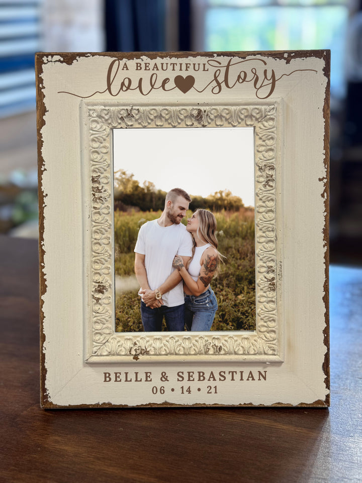 Personalized White Filigree Wooden 5x7 Photo Frame - FY1114