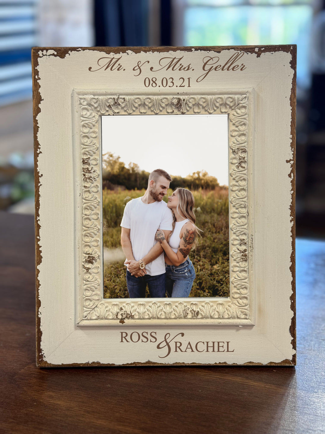 Personalized White Filigree Wooden 5x7 Photo Frame - FY1114