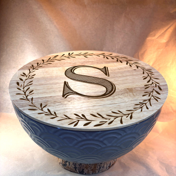 Personalized Engraved Ceramic Bowl with Wood Lid - N3501