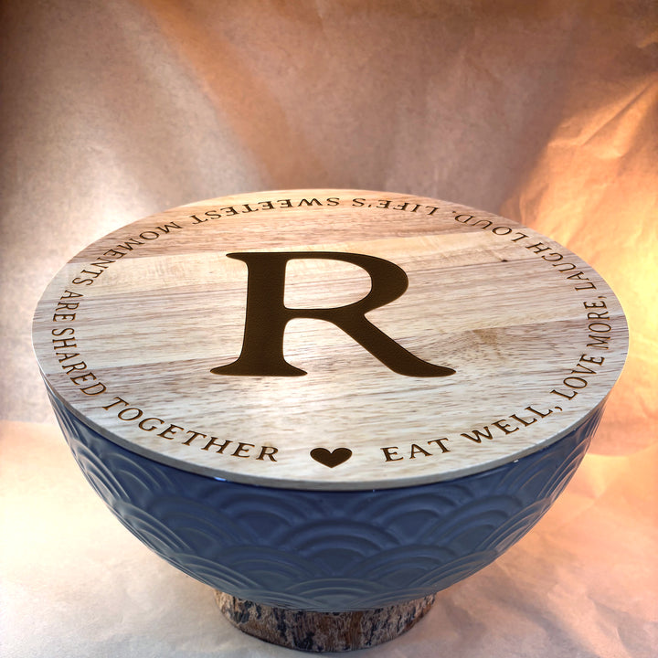 Personalized Engraved Ceramic Bowl with Wood Lid - N3501