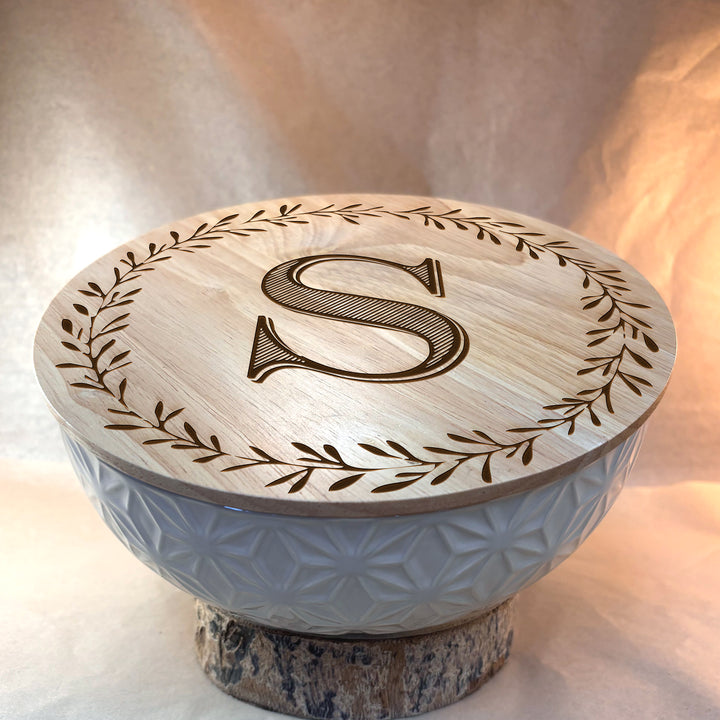 Personalized Engraved Ceramic Bowl with Wood Lid - N3501