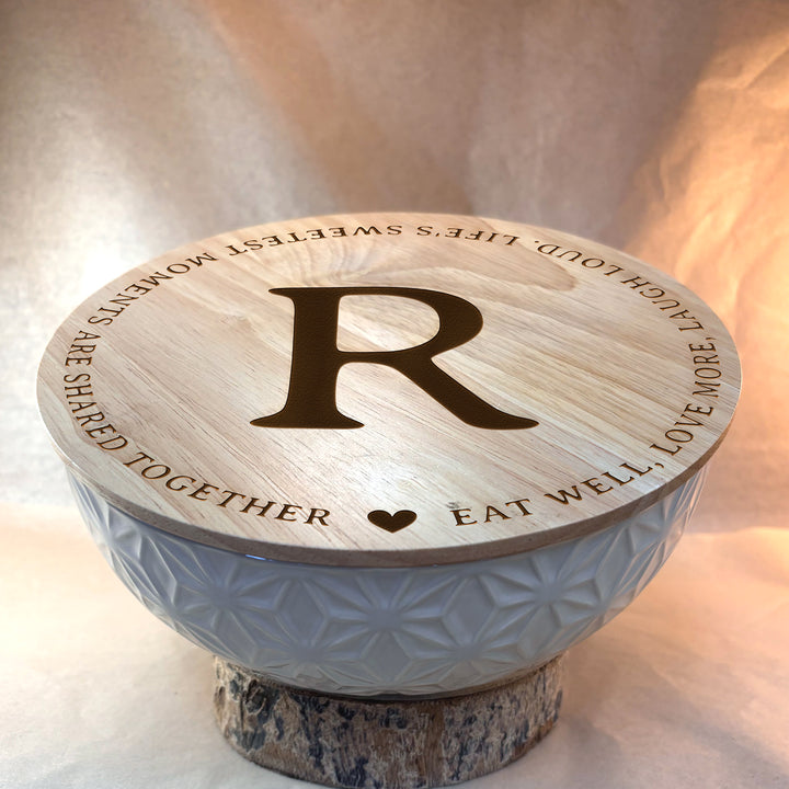 Personalized Engraved Ceramic Bowl with Wood Lid - N3501