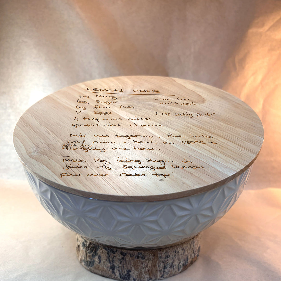 Personalized Handwritten Recipe Bowl with Wood Lid | Engraved Keepsake – N3501