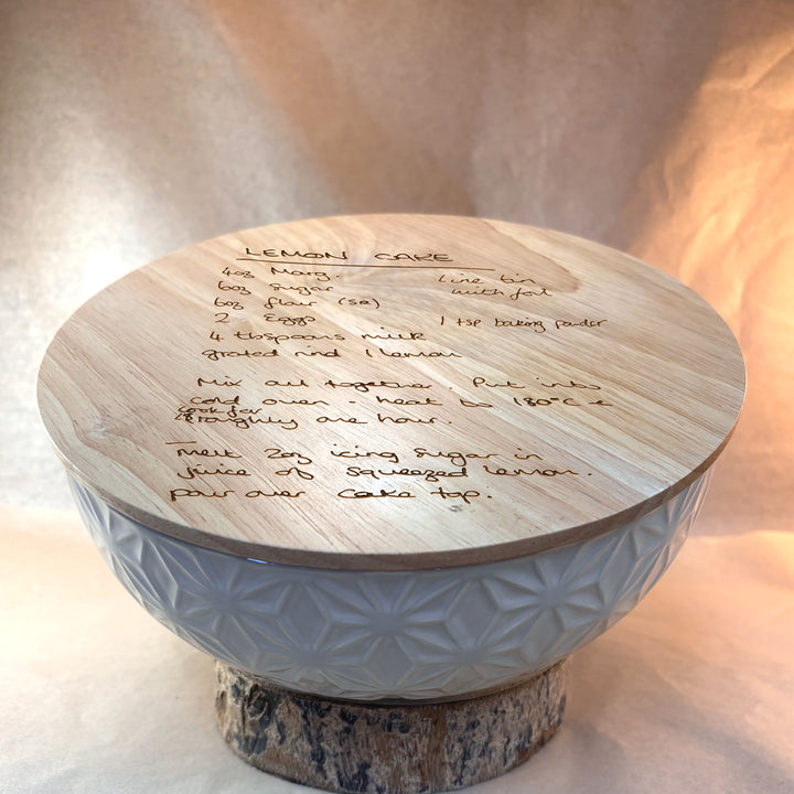 Personalized Handwritten Recipe Bowl with Wood Lid | Engraved Keepsake – N3501