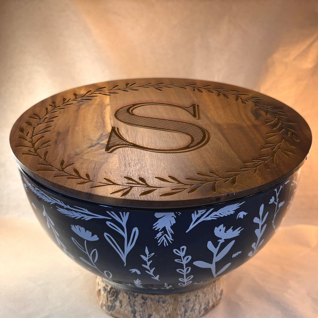 Personalized Engraved Ceramic Bowl with Wood Lid - N3518
