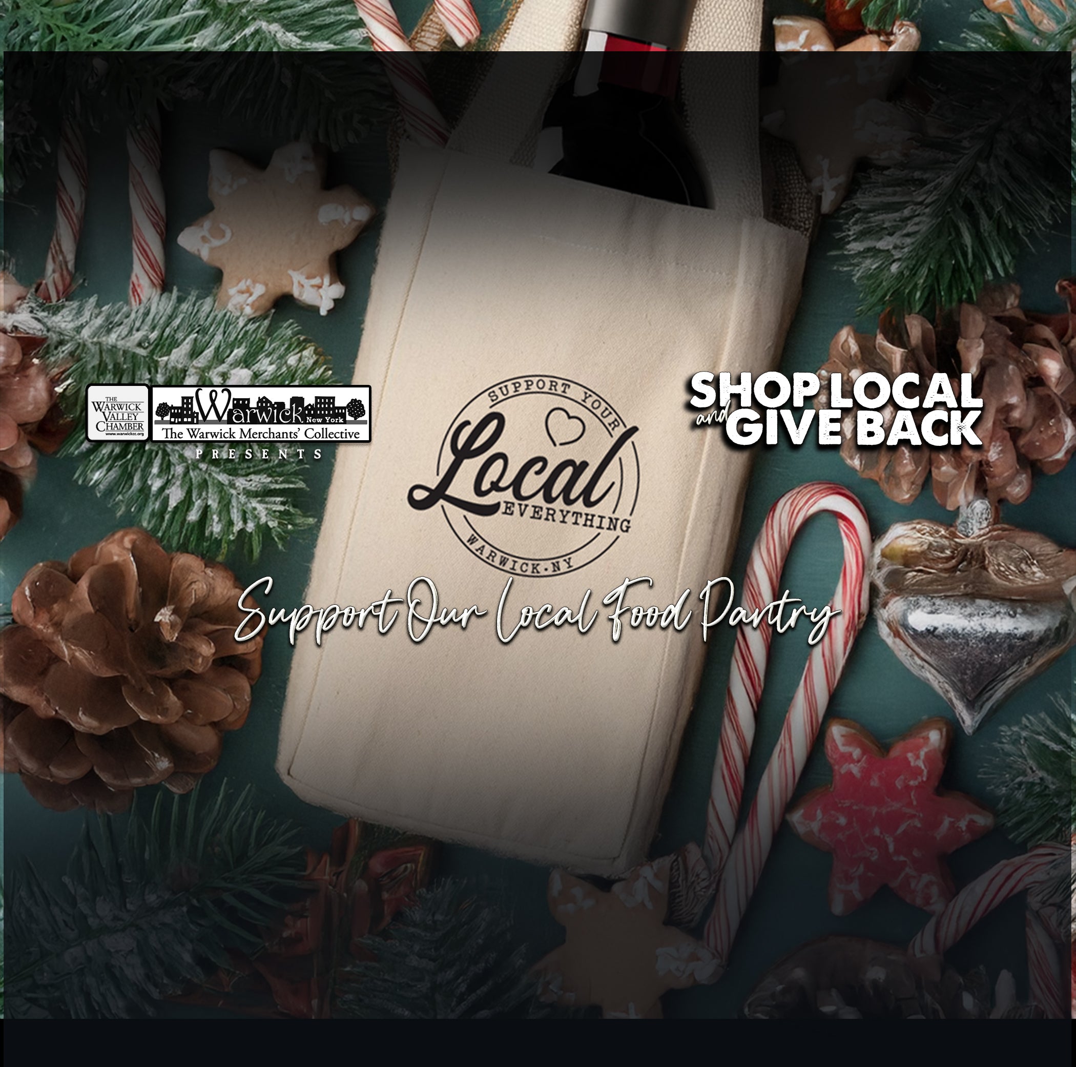 Promotional poster for the Warwick Merchant Collective with a food bag and holiday elements.