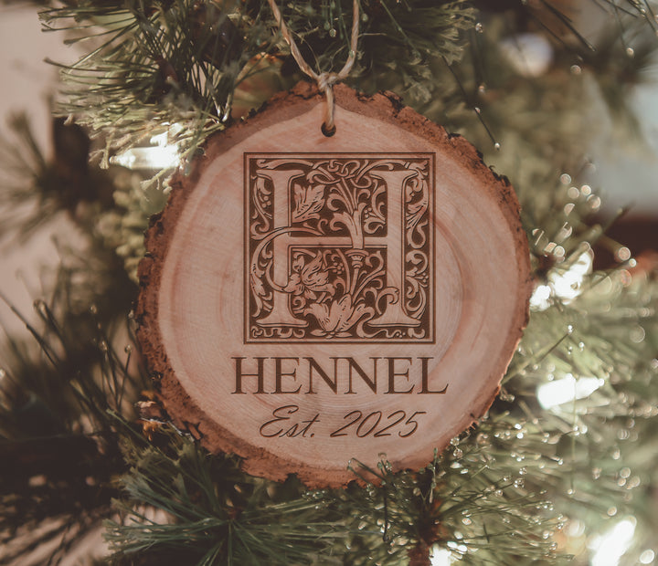 Personalized Ornate Initial with Established Year Wood Ornament
