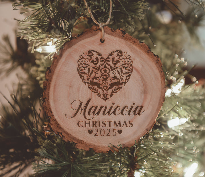 Family Name Christmas with Heart and Year Engraved Wood Ornament