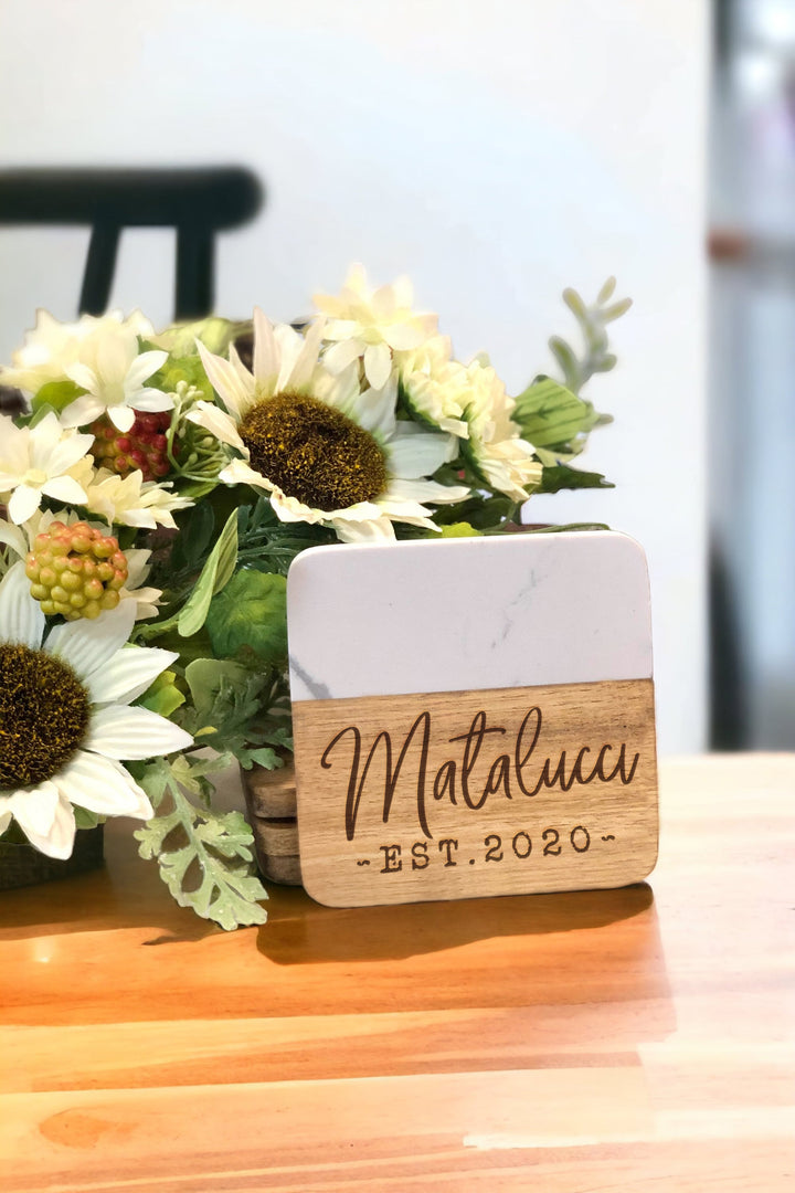 Decorative Script | Last Name Family Personalized Marble and Wood Coasters - ZCOS0044