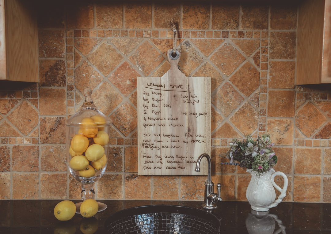 Handwritten Recipe Engraved Acacia Cutting Board with Handle &amp; Rope - ZNHC0067