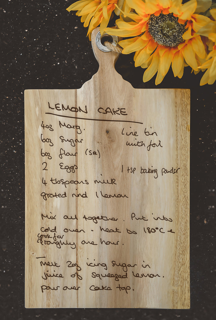Handwritten Recipe Engraved Acacia Cutting Board with Handle &amp; Rope - ZNHC0067