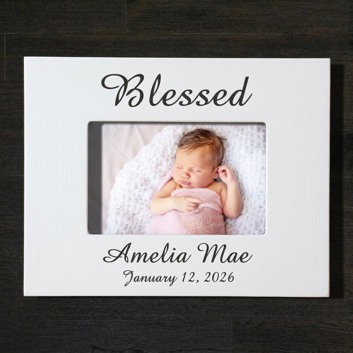 White Blessed baby frame with color photo, landscape