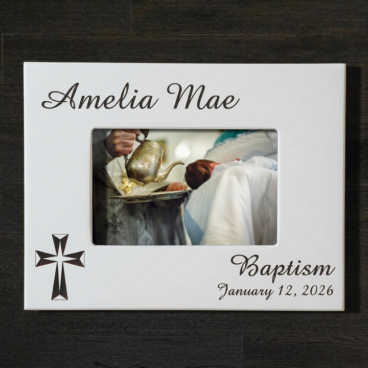 White baptism frame with color photo, landscape