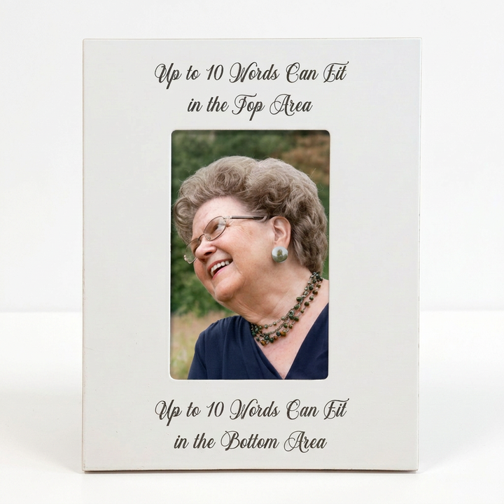 White custom script lettering frame with color photo, vertical