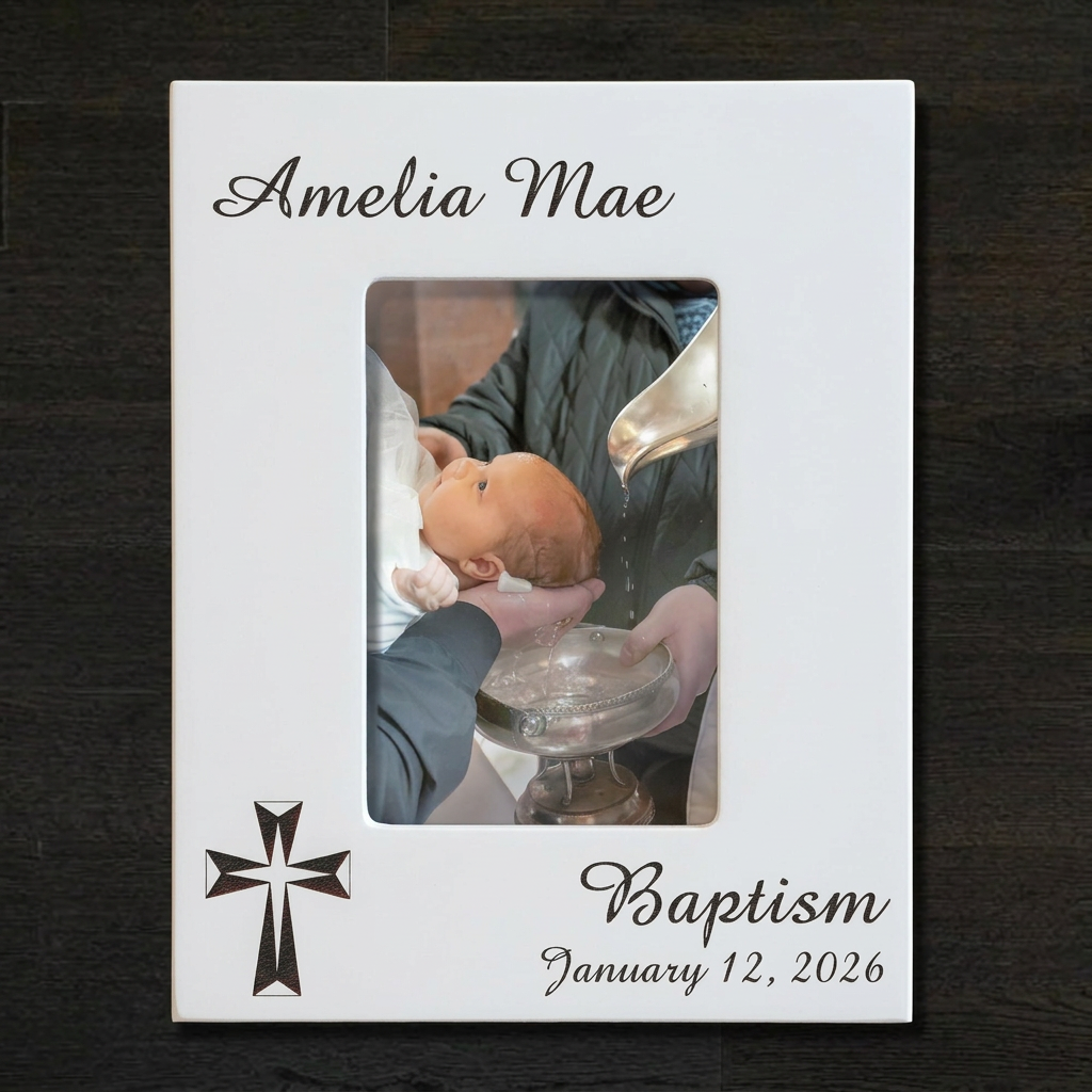 White baptism frame with color photo, portrait