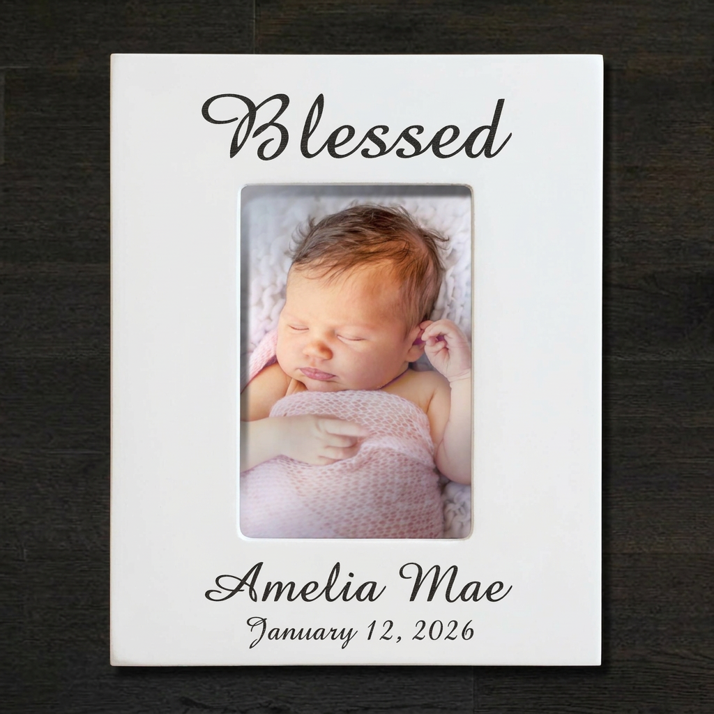 White Blessed baby frame with color photo, portrait