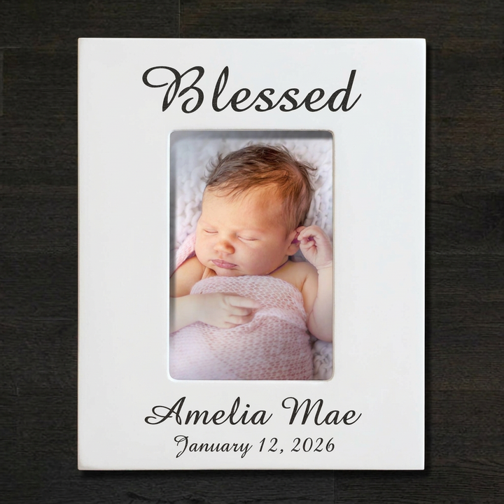 White Blessed baby frame with color photo, portrait