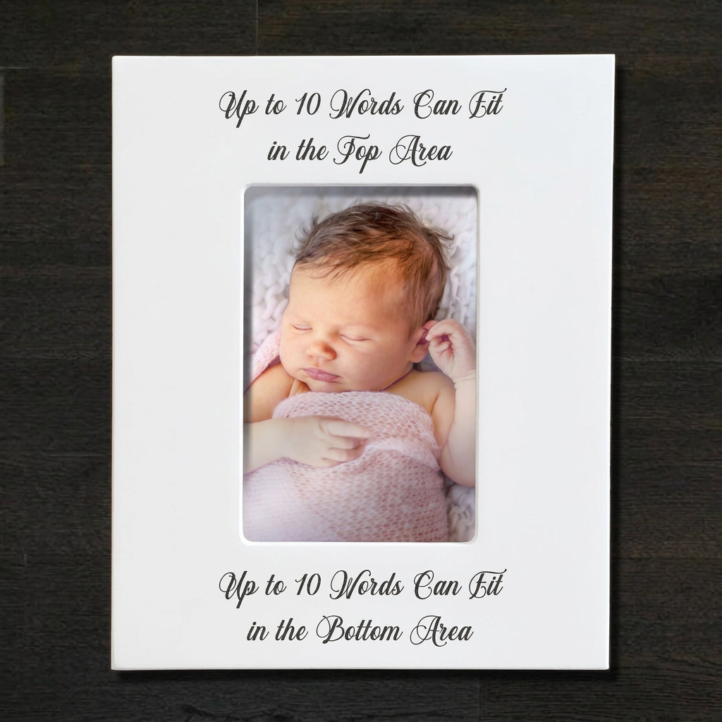 White custom script baby frame with color photo, portrait