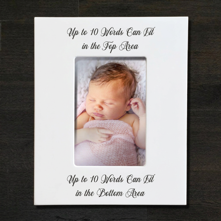 White custom script baby frame with color photo, portrait