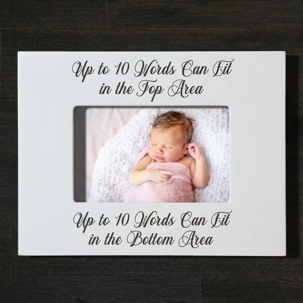 White custom script baby frame with color photo, landscape