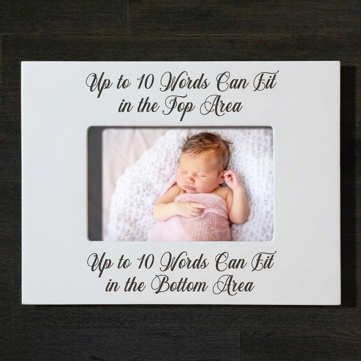 White custom script baby frame with color photo, landscape