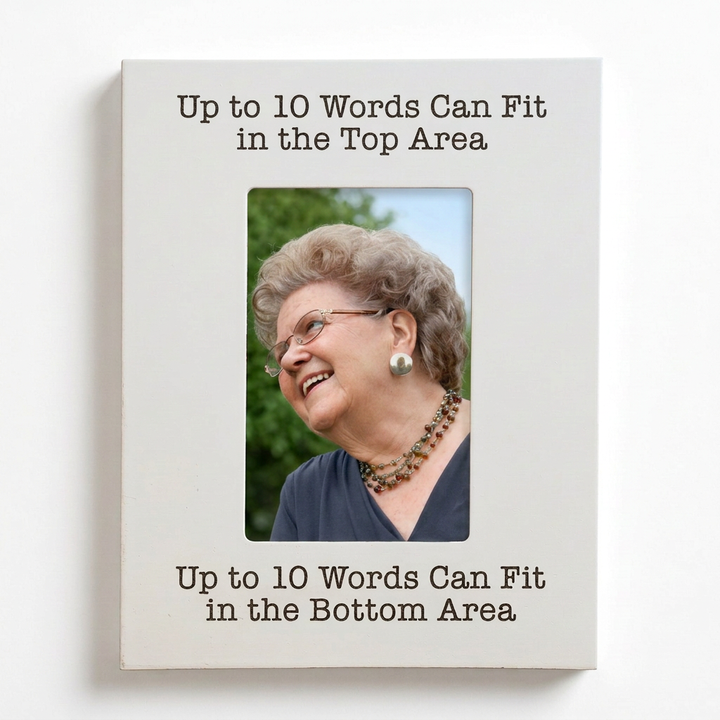 White custom block lettering frame with color photo, vertical