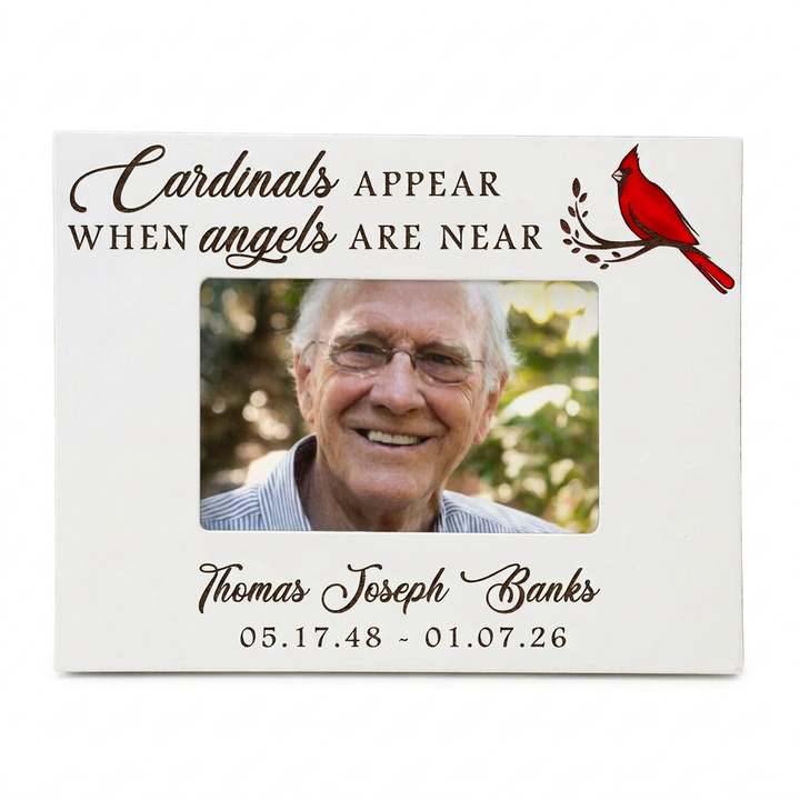 White cardinal memorial frame with color portrait, landscape