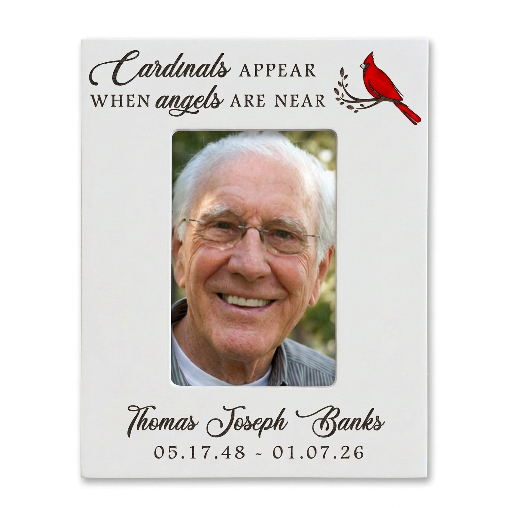 White cardinal memorial frame with color portrait, vertical