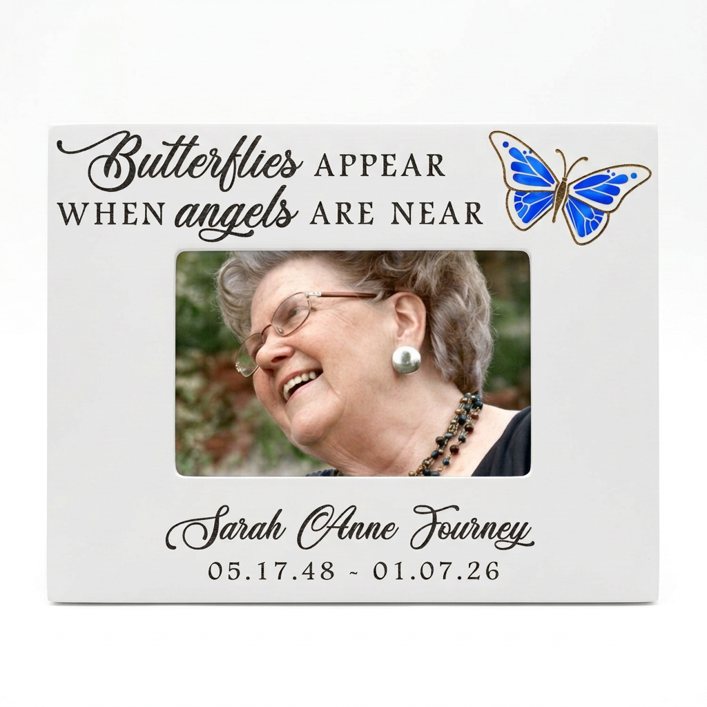 White butterfly memorial frame with color portrait, landscape