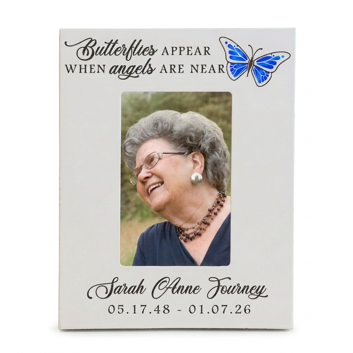 White butterfly memorial frame with color portrait, vertical