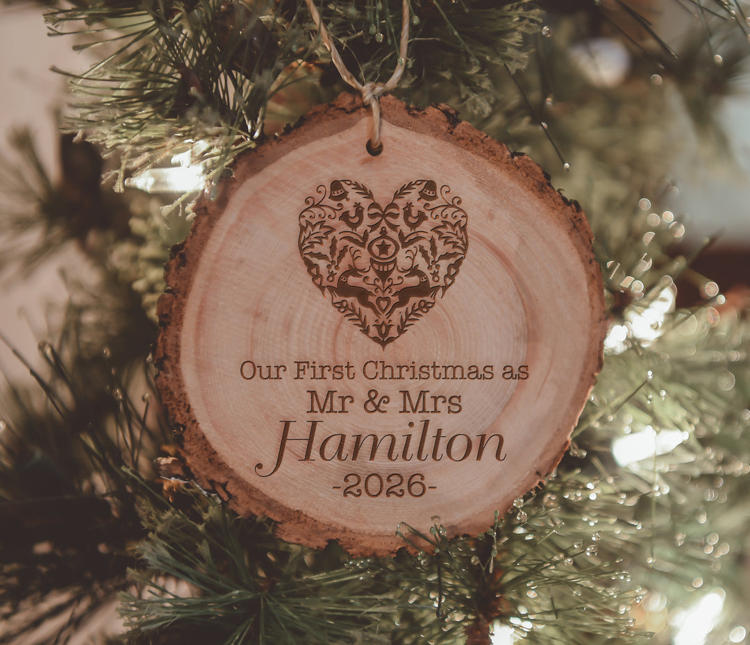 Our First Christmas as Mr. &amp; Mrs. With Heart Engraved Wood Ornament