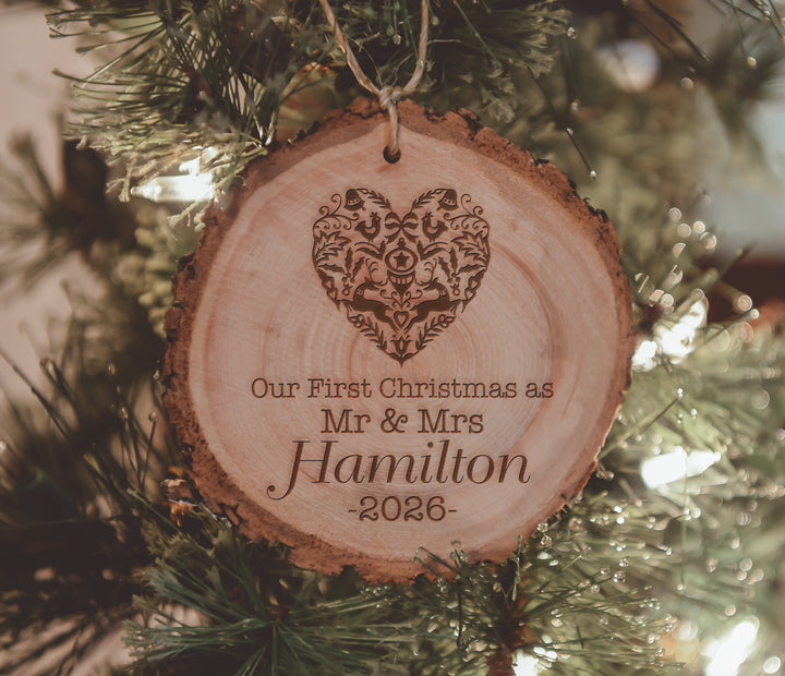 Our First Christmas as Mr. &amp; Mrs. With Heart Engraved Wood Ornament
